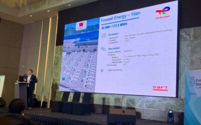 Saft's Vincent Le Quintrec discusses an earlier project for Foxwell, at Energy Storage Summit Asia 2025. Image; Andy Colthorpe / Solar Media