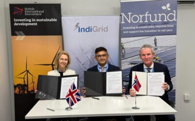 BII and Norfund executives with InidiGrid CEO Harsh Shah (centre) launching EnerGrid at COP29. Image: IndiGrid