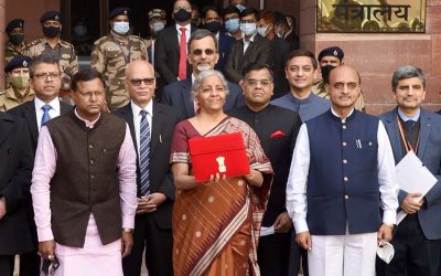Finance minister Nirmala Sitharaman (centre) unveiling the 2023-2024 budget this time last year, in New Delhi. Image: Union Gov't of India.