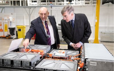 UK Battery Industrialisation Centre director Jeff Pratt (left) with business secretary Jacob Rees-Mogg inspecting battery production lines. Image: BEIS.