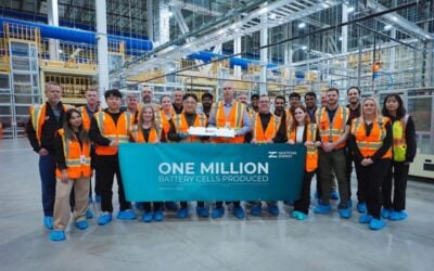 Employees at NextStar Energy in Ontario, Canada, pictured in February celebrating the millionth cell produced since the factory opened in November 2025. Image: LG ES