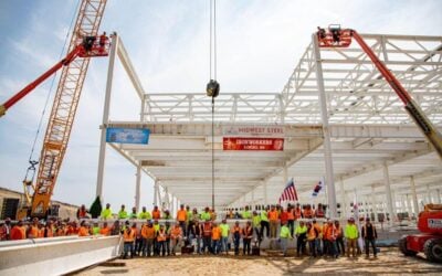 Spring 2023 topping out ceremony for LG Energy Solution's battery production plant in Holland, Michigan, where lines have been retooled from producing NMC EV battery cells to LFP cells for ESS. Image: LG ES