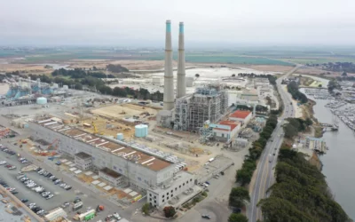 Aerial view of the site taken in 2020: the long building in the foreground is a former turbine hall which housed the Moss Landing Phase 1 project. Image: LG Energy Solution
