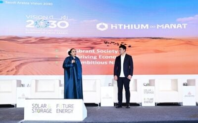 Nabilah Al-Tunisi (left) and Sean Sun at the launch of the Hithium MANAT JV in Saudi Arabia. Image: Hithium MANAT