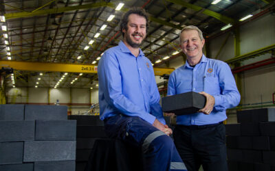 MGA Thermal CTO Alex Post (left) and CEO Eric Kisi (right), with some of the compay's Miscibility Gaps Alloy Blocks. Image: MGA Thermal