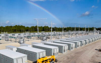 Battery enclosures at Manatee Energy Storage Center, hailed by FP&L as the world's largest solar-charged BESS when it went into operation in 2021. Photo by Doug Murray for FPL