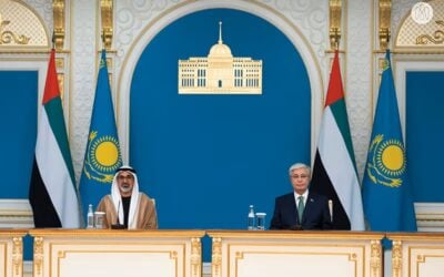 Abu Dhabi Crown Prince Sheikh Khaled bin Mohamed bin Zayed Al Nahyan, with Kazakhstan's president   Kassym-Jomart Tokayev. Image: Masdar