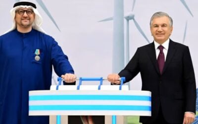 Uzbekistan's president Shavkat Mirziyoyev (right) with Masdar CEO Mohamed Jameel Al Ramahi, ceremonially switching on grid connections for 1.4GW of solar and wind as the expanded BESS JDA was announced. Image: Masdar.
