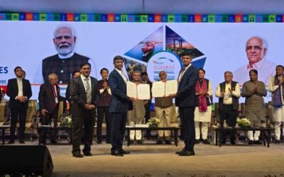 NTPC Green Energy and Gujarat state government representatives at the 2025 signing of an MoU for the development of 15GW of solar PV. Image: NGEL