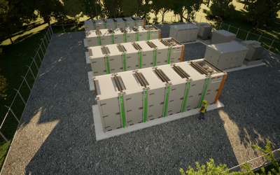 Rendering of how the system will look at the Sembach site. Note the rows of BatteryBlocks with green detail, bookended with a CombiBlock on the right of each row. Image: Leclanché.