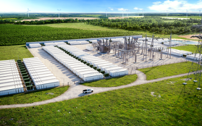 Oneida Energy Storage Project artist's rendering, with Tesla Megapack BESS units visible. Image: NRStor.