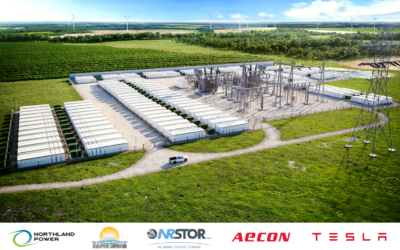 Rendering of the 250MW/1,000MWh Oneida project, from NRStor with partners including IPP Northland
Power and technology providers Aecon and Tesla. Image: Northland Power Inc.
