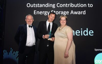 Alex O'Cinneide (centre) of Gore Street Capital receives his Outstanding Contribution prize at the Energy Storage Awards 2023. Image: Solar Media.