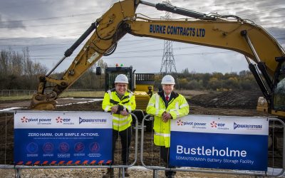 Pivot Power's co-founder, chief operating officer and chief technical officer Mikey Clark (left) with local politician, Councillor Steve Melia, at the site. Image: Pivot Power.