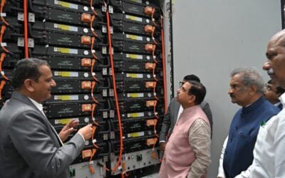 Union minister Pralhad Joshi (centre) and Karnataka state minister KJ George inspect products at the Lineage Power factory in Bengaluru. Image: Pralhad Joshi via X