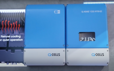 Q CELLS home battery storage systems at a European trade event in 2019. Image: Solar Media.