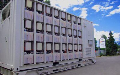 Stacked Redflow zinc-bromide flow batteries at a customer project in Australia. Image: Redflow