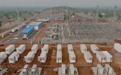 Battery storage equipment and transmission infrastructure at a solar-plus-storage project in Chhattisgarh, India. Image: Ministry of New and Renewable Energy via Government of India Press Information Bureau.