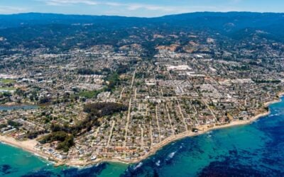 The aerial view of the city of Santa Cruz in Northern California on a sunny day