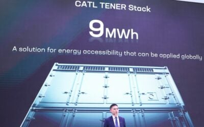 CATL's Hank Zhou, CTO ESS Europe, unveiling the new product. Image: CATL.