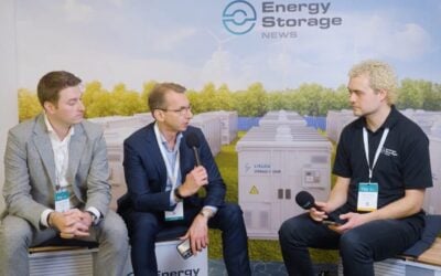 R.Power’s head of BESS Laurens Vanochten (left) and CCO Rafal Hajduk (middle) chatting to Energy-Storage.news' Cameron Murray at the Energy Storage Summit 2026 in London. Image: Solar Media.