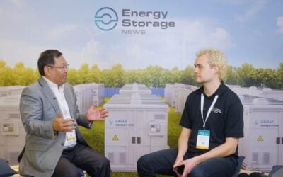 Andy Tang, overseas business CEO for Rept Battero, in conversation with Energy-Storage.news reporter Cameron Murray at last month's Energy Storage Summit 2026 in London
