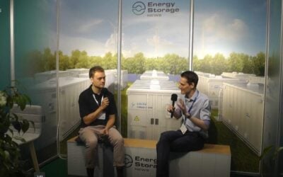 Energy-Storage.news' Cameron Murray and Fluence's Lars Stephan in discussion at last month's Smarter E Europe trade show. Image: Solar Media.