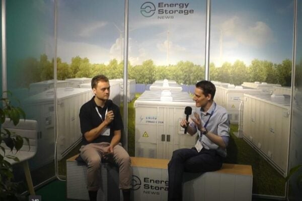 Energy-Storage.news' Cameron Murray and Fluence's Lars Stephan in discussion at last month's Smarter E Europe trade show. Image: Solar Media.