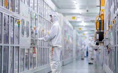 A CATL worker at a manufacturing line. The company is a leader in LFP technology.