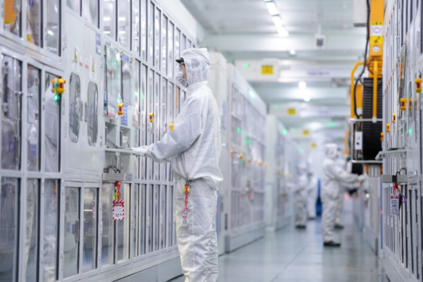 A CATL worker at a manufacturing line. The company is a leader in LFP technology.