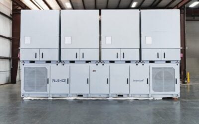 Fluence's flagship Smartstack BESS solution, which fits 7.5MWh usable energy capacity per unit and comes with integrated power electronics in the skid. Image: Fluence
