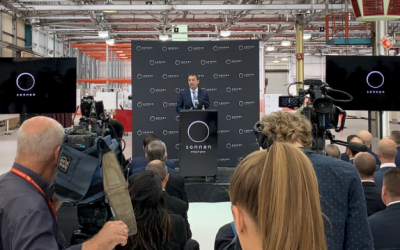 Then-state premier Steven Marshall speaks at the 2018 opening of a factory in South Australia by home ESS maker Sonnen. The state accounted for 27% of market volume in 2022 and leads in per-household installations. Image: Sonnen.
