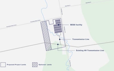 Illustrative drawing of the proposed site as published in Neoen's Community Open House notice to the public. The developer said the 'BESS Buildable Area' represents the potential development area 'and is not reflective of site layout,' while the Optioned Lands will not host the BESS equipment but may be used for site access or storage during construction. Image: Neoen.