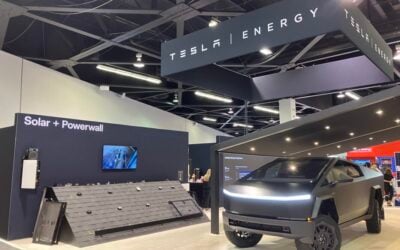 Tesla's exhibition stand at the RE+ clean energy industry event in California, US, September 2024. Image: Andy Colthorpe / Solar Media