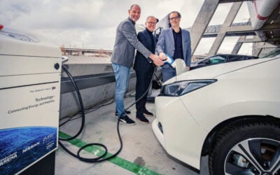 The company is primarily known for its V2G technology. Here, Thomas Raffeiner, CEO The Mobility House, Henk van Raan, CIO Johan Cruijff ArenA, and Laurens Ivens, Alderman Amsterdam City Council inaugurate a project at a football stadium in Amsterdam. Credit: The Mobility House.
