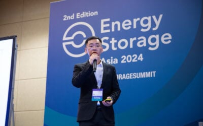Trina Storage head of APAC Dr Leo Zhao speaking onstage at Energy Storage Summit Asia 2024. Image: Solar Media