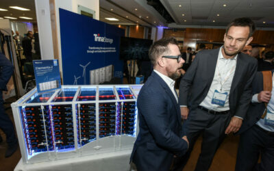 Trina Storage representatives with the Elementa 2 display at this year's Energy Storage Summit EU in London, where the new solution was launched. Image: Solar Media