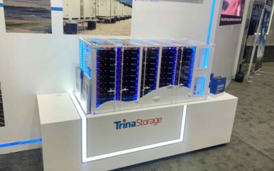 Scale model of Elementa 2 at All-Energy Australia. Next to it on the right is a Trina 306Ah LFP cell. Image: Trina Storage.
