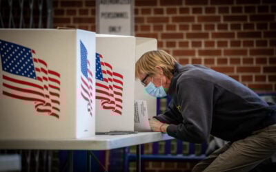 A voter casting their ballot in Des Moines, Iowa, during the 2020 presidential election in which Harris was running as vice presidential running mate to Joe Biden against Trump. Image: Flickr user Phil Roeder.