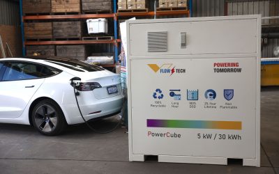 VFlowTech 5kW / 30kW VRFB charges a Tesla EV at VSUN Energy's Western Australia trial. Image: VSUN Energy.