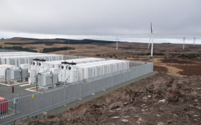 Vattenfall's Ray wind farm in Northumberland, England, with BESS units supplied and integrated by Fluence in foreground. Image: Vattenfall.