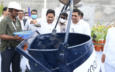 Andhra Pradesh chief minister YS Jagan Mohan Reddy ceremonially pours concrete at the site. Image: CMO Andhra Pradesh via Twitter.