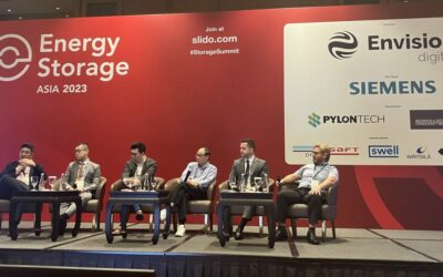 Wärtsilä's Nicholas Leong (far left) and DNV's George Garabandic (far right) among panelists discussing the role of energy storage in delivering a cost-effective and reliable low carbon energy system. Image: Andy Colthorpe / Solar Media.