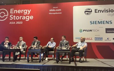 Wärtsilä's Nicholas Leong (far left) and DNV's George Garabandic (far right) among panelists discussing the role of energy storage in delivering a cost-effective and reliable low carbon energy system. Image: Andy Colthorpe / Solar Media.
