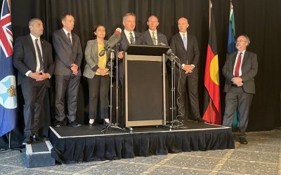 Australia's energy ministers gathered today, with Chris Bowen in centre speaking. Image: Chris Bowen via Twitter.