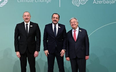 President of Cyprus Nikos Christodoulides (centre) at COP29 climate talks in Azerbaijan with UN Secretary-General António Guterres (right). Image: Cyprus government.