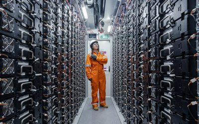 Battery racks inside the West Burton BESS plant. Image: EDF.