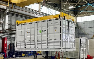 Eos' 100th Energy Block unit (pictured) was assembled at its factory in May. The company has since surpassed 250 Energy Blocks assembled. Image: Eos Energy Enterprises via Twitter.
