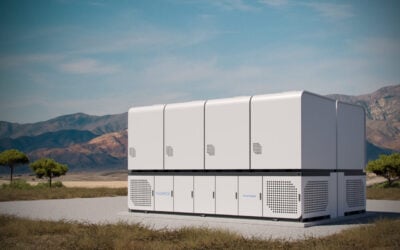 Rendering of the Fluence Smartstack AC block solution: in the configuration depicted, four Battery Pod units are installed atop the Smart Skid which integrates PCS and other balance of plant. Image: Fluence.