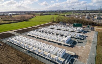 Aerial view of Pillswood BESS large-scale battery storage asset in northern England.